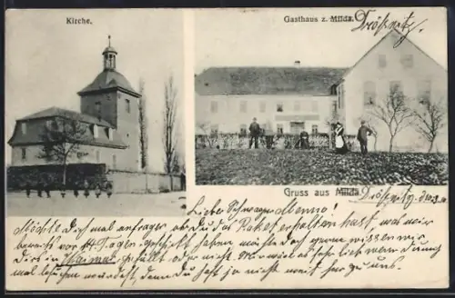 AK Milda, Gasthaus zu Milda, Blick auf die Kirche