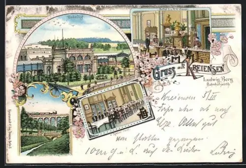 Lithographie Kreiensen, Bahnhofswirtschaft Ludwig Berg, Speisesaal, Bahnhof, Zug auf Viadukt