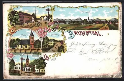 Lithographie Brunnthal, Kirche, Schulhaus, Strassenpartie und Totalansicht