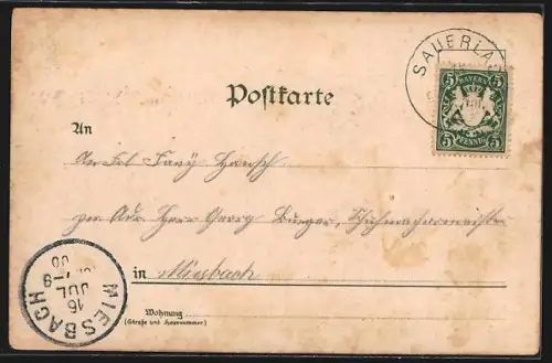 Lithographie Brunnthal, Kirche, Schulhaus, Strassenpartie und Totalansicht