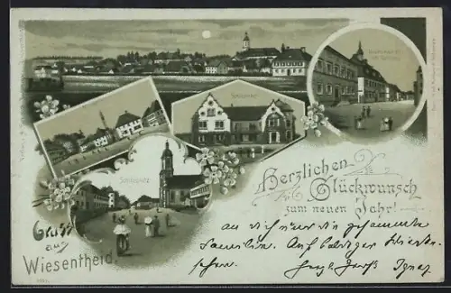 Mondschein-Lithographie Wiesentheid, Neumannstrasse mit Rathaus, Schlossplatz, Schlösschen, Panoramablick