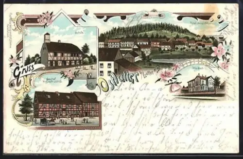 Lithographie Ostlutter /Lutter a. B., Gasthof Auguste Jahns, Villa Solf, Schule und Totalansicht