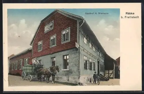 AK Räbke b. Frellstedt, Gasthof H. Niemann mit Pferdegespann