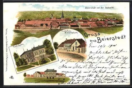 Lithographie Beierstedt, Gasthof von W. Schliephake, Vasel`s Garten, F. Siemann`s Gehöft