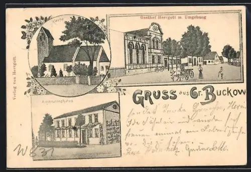 Lithographie Gr. Buckow, Gasthof Herrgott m. Umgebung, Amtmannshaus und Kirche