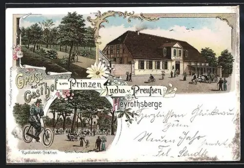 Lithographie Heyrothsberge, Gasthof zum Prinzen Ludwig v. Preussen, beliebte Radfahrer-Station