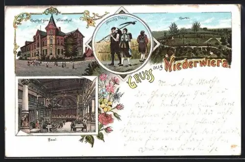 Lithographie Niederwiera, Gasthof zum Wierathal u. Saal, Garten, Altenbg. Tracht