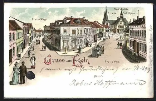 Lithographie Egeln, Breite Weg, Marktplatz mit Kirche und Rathaus