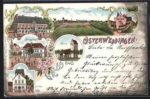 Lithographie Osterweddingen, Ladengeschäft von F. H. Oeltze, Gutshof H. Rusche, Kirche und Strassenpartie