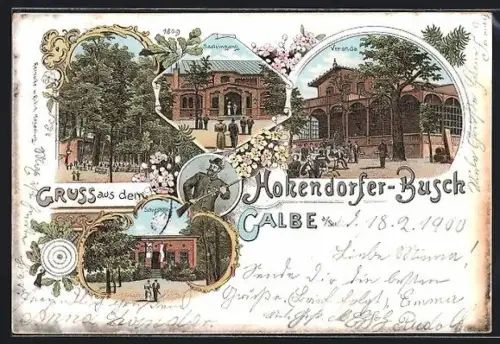 Lithographie Calbe a. S., Gasthof Hohendorfer-Busch mit Schiesshalle und Veranda