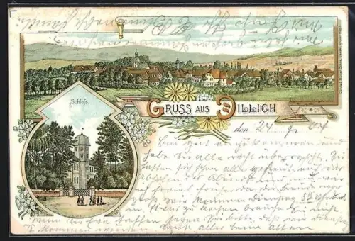 Lithographie Dillich, Schloss und Panoramablick auf die Stadt