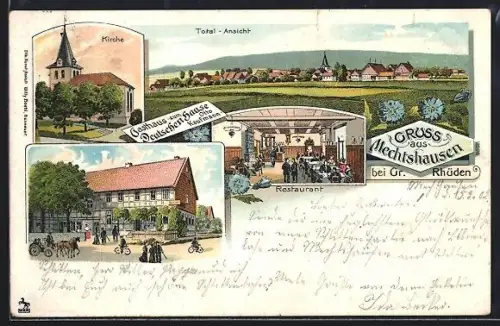 Lithographie Mechtshausen b. Gr. Rhüden, Gasthaus zum deutschen Hause von Otto Kaufmann, Restaurant Innenansicht, Kirche