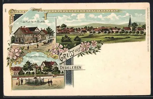 Lithographie Dedeleben, Gasthof Wilh. Busch, Kriegerdenkmal und Gesamtansicht