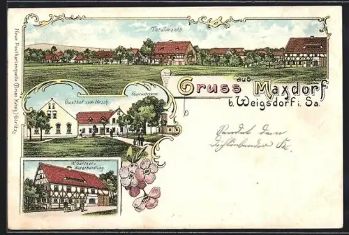 Lithographie Maxdorf b. Weigsdorf, Gasthof zum Hirsch, Feuerwehrturm, W. Gärtner`s Warenhandlung, Totalansicht