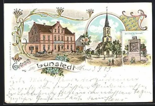 Lithographie Lunstedt, Gasthof z. Lunstedt, Denkmal zu Rossbach, Kirche