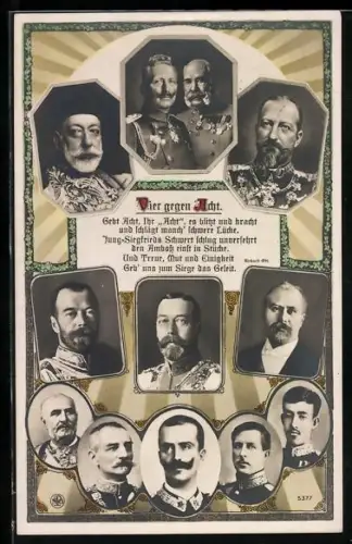 AK Vier gegen Acht, Zar Nikolaus II. von Russland, Türkischer Sultan, Kaiser Franz Josef I. von Österreich