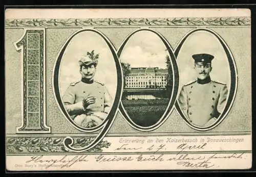 AK Donaueschingen, Kaiserbesuch 1900, Fürst zu Fürstenberg und Kaiser Wilhelm II. im Jahreszahl-Passepartout