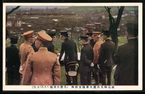 AK Yokohoma, the great Earthquake and Fire, Japanischer Kaiser betrachtet sich das Ausmass des Erdbebens