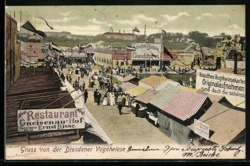 AK Dresden, Restaurant Gneisenau-Hof von Ernst Risse auf der Dresdener Vogelwiese, Ansichtskartengeschichte