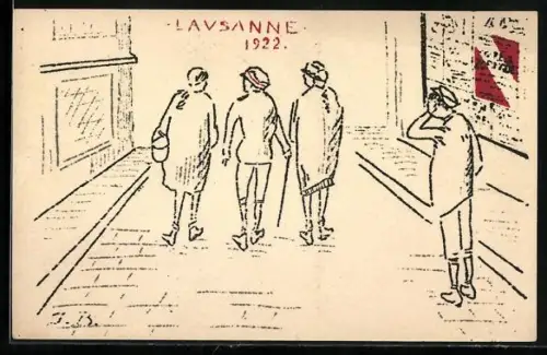 AK Lausanne, Studenten auf gepflasterter Strasse 1922