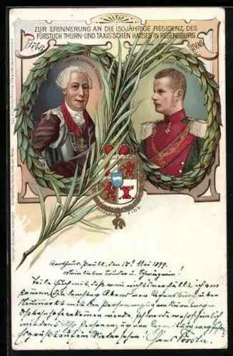 Lithographie Regensburg, 150 jähr. Residenz des fürstlich Thurn- und Taxis`schen Hauses 1898