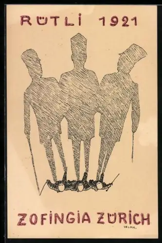 Künstler-AK Zürich, Rütli 1921, Drei Studenten werfen riesige Schatten