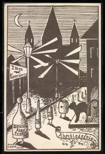 Künstler-AK Mainz, Abschiedsfeier IIb, Sektflaschen und Bierfässer in der Strasse