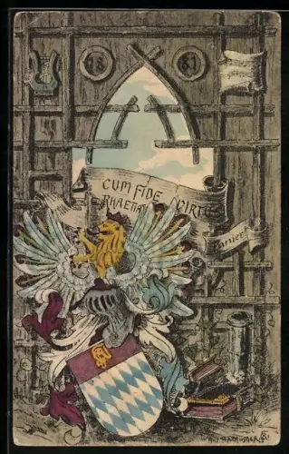 Künstler-AK Studentenwappen mit Bayerischem Muster, Löwe und Flügeln, Cum fide virtus