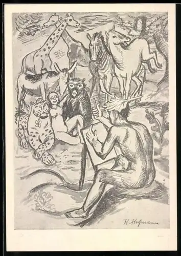 Künstler-AK München, Paradies Schwabylon 1938, Mann zeichnet eine Frau und verschiedene Tiere