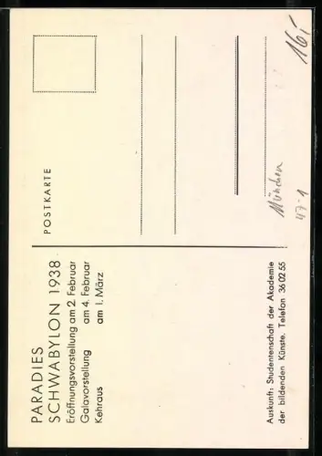 Künstler-AK München, Paradies Schwabylon 1938, Mann zeichnet eine Frau und verschiedene Tiere