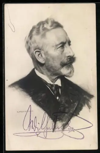 Künstler-AK Porträt Kaiser Wilhelm II. im Anzug, Stempelautograph, Rückseitig Autograph Kaiserin Hermine