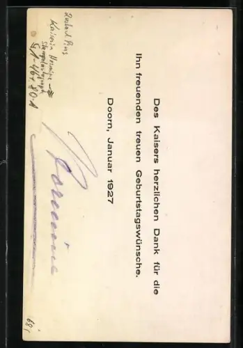 Künstler-AK Porträt Kaiser Wilhelm II. im Anzug, Stempelautograph, Rückseitig Autograph Kaiserin Hermine