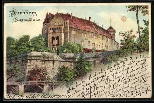 Lithographie Nürnberg, Burg von Westen, Leuchtende Fenster bei Halt gegen das Licht
