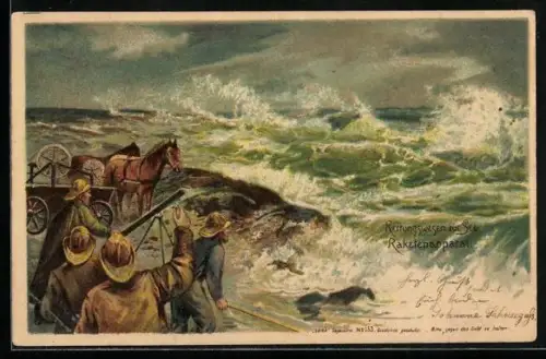 Lithographie Rettungswesen zur See / Seenotrettung, Raketenapparat in Aktion bei Halt gegen das Licht