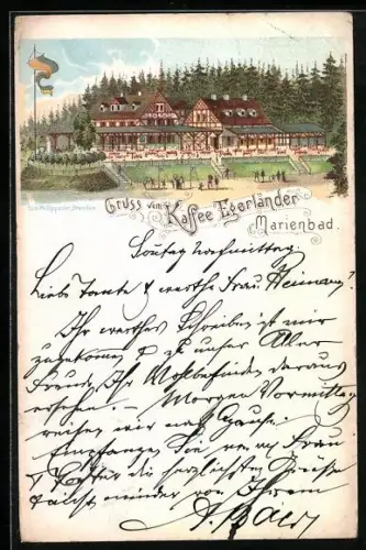 Vorläufer-Lithographie Marienbad, 1895, Gasthof Kaffee Egerländer mit Besuchern