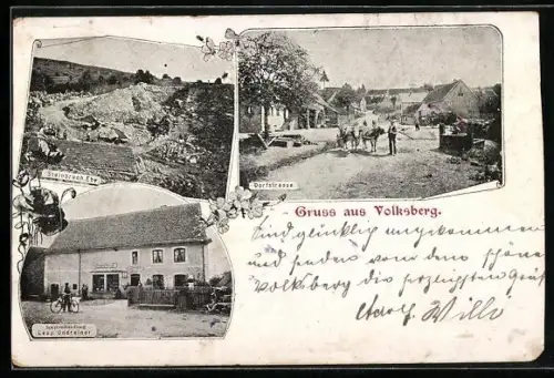 AK Volksberg, Spezereihandlung Leop. Undreiner, Steinbruch Eby und Dorfstrasse