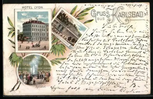 Lithographie Karlsbad, Hotel Lyon, Mühlbrunn Colonnade und Sprudel