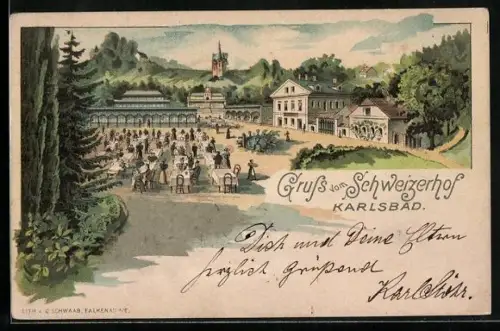 Lithographie Karlsbad, Blick auf den Gasthof Schweizerhof