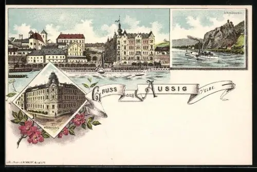 Lithographie Aussig / Usti, Mädchenschule, Schreckenstein, Ortspartie mit Dampfer Dresden