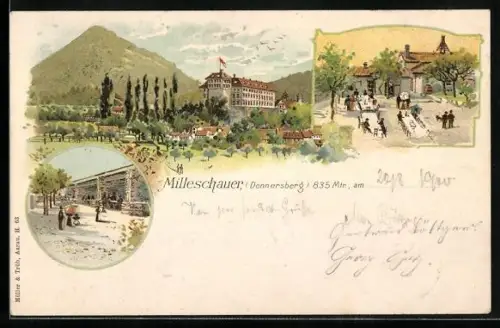 Lithographie Milleschau, Ortsansicht mit Donnersberg, Gasthaus