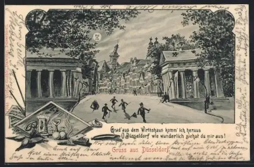 Wirtshaus-AK Düsseldorf, Stadttor, Stadtansicht, Wirtshausillustration, aus der Sicht eines Betrunkenen