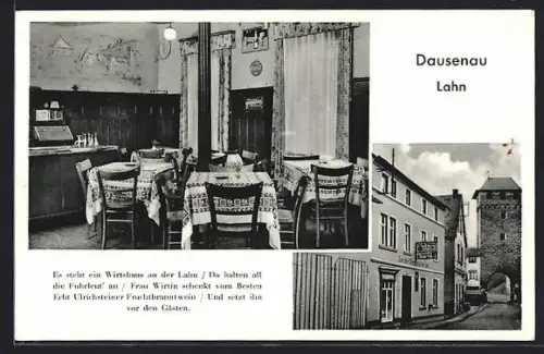 AK Dausenau /Lahn, Altes historisches Gasthaus an der Lahn, Inh. E. Krause, Stadttor, Strassenansicht