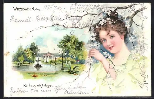 Lithographie Wiesbaden, Kurhaus mit Anlagen