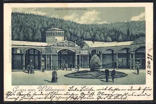 Lithographie Bad Wildungen, Georg-Victor-Quelle, Brunnenhalle