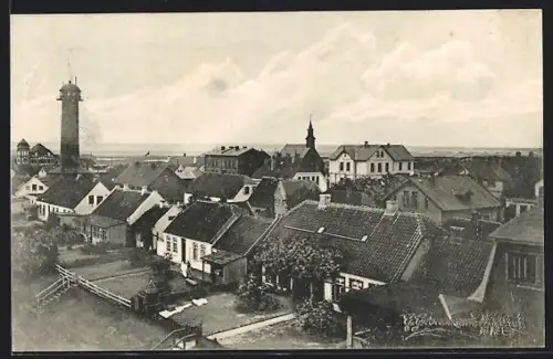 AK Wangerooge, Ortsansicht mit Leuchtturm und Kirche