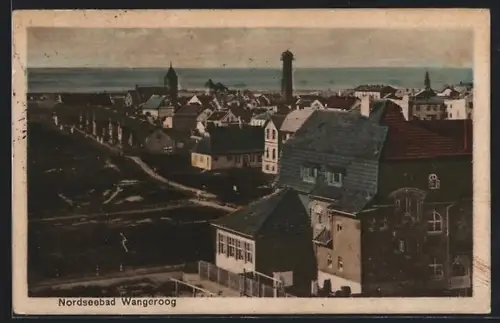 AK Wangerooge, Ortsansicht mit Leuchtturm und Blick zur Nordsee
