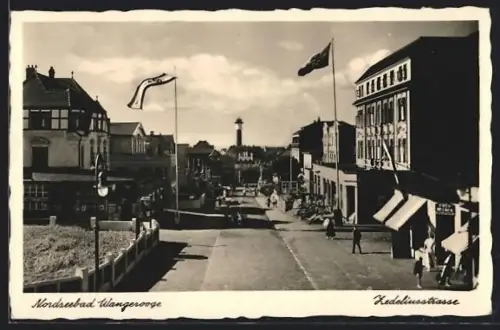 AK Wangerooge, Geschäfte in der Zedeliusstrasse, Blick zum Leuchtturm