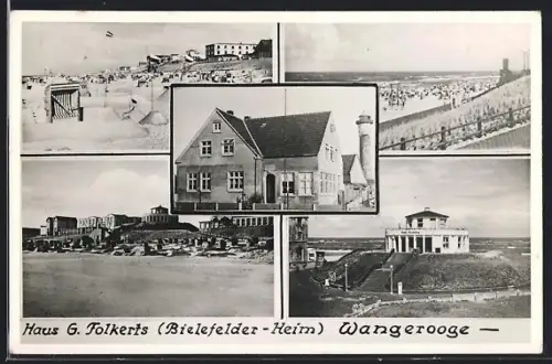 AK Wangerooge, Hotel Haus G. Folkerts (Bielefelder-Heim), Strand, Kurhaus, Leuchtturm