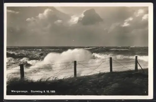 Foto-AK Wangerooge, Sturmtag 8.10.1926, Sturmflut, Brandung, Zaun