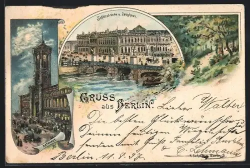 Lithographie Berlin, Schlossbrücke, Zeughaus, Rathaus